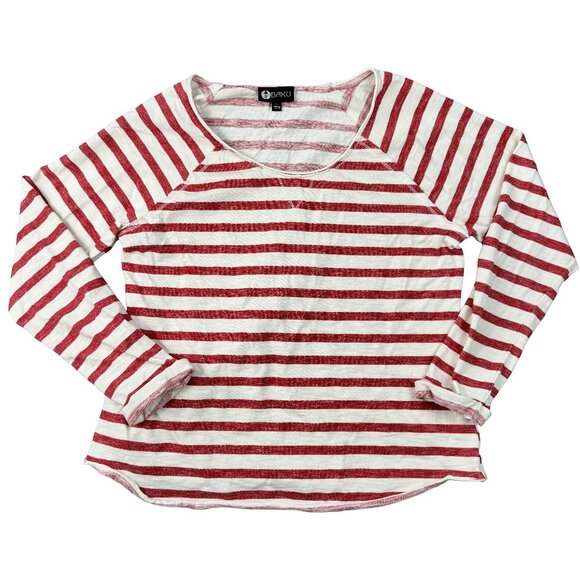 BAKU Red & White Striped Raglan Long‑Sleeve Tee Knit Top Vintage Boho Oversized - Picture 1 of 6